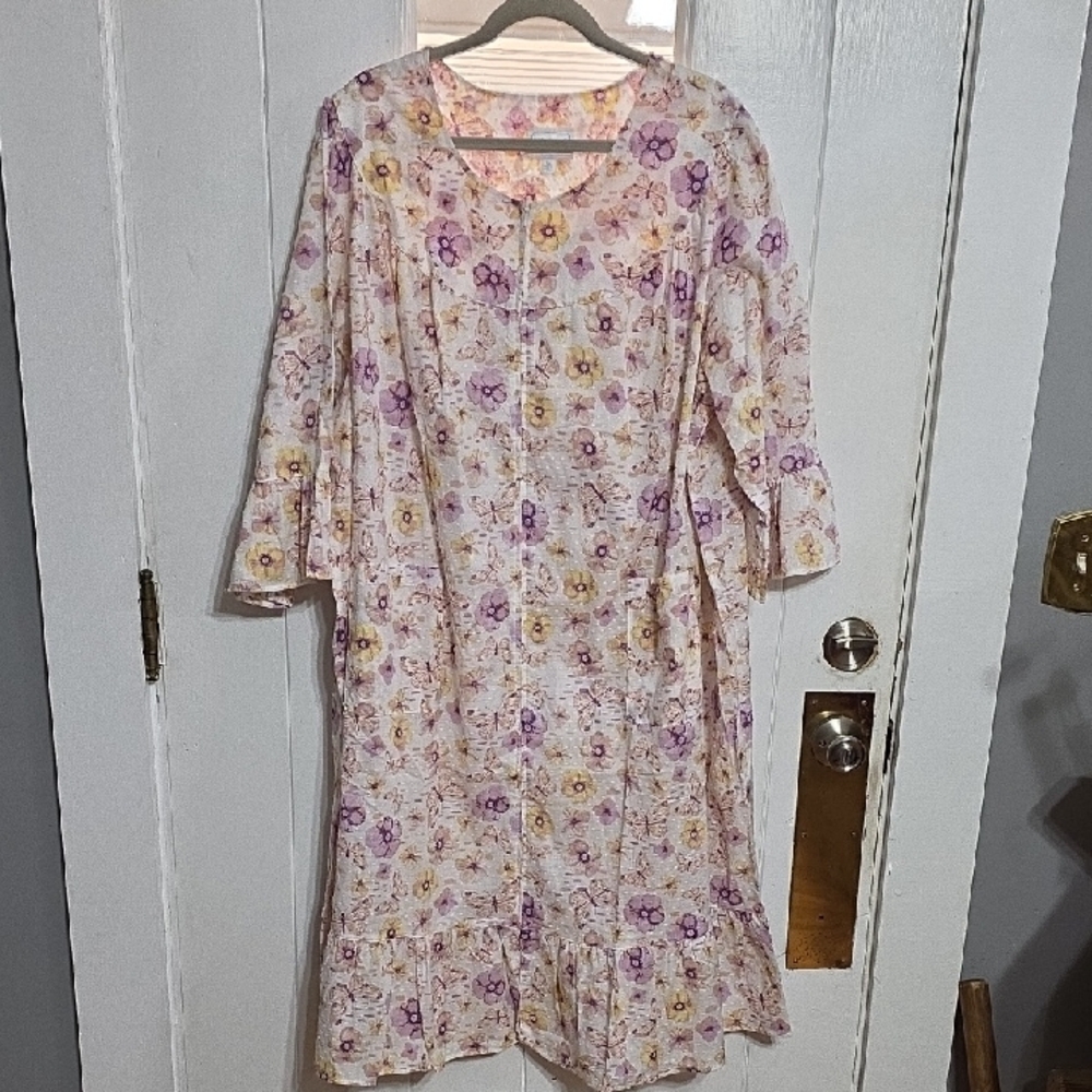 VTG NWT National Womens Robe‎ Housecoat Butterflies Floral Front Zip Pockets 3X